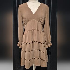 Emma & Michele Long Sleeve Brown Tiered Dress